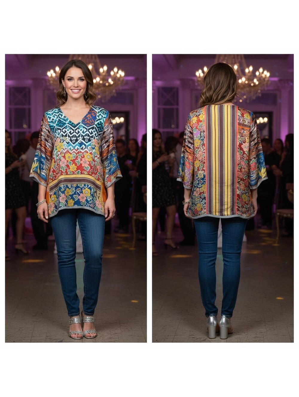 2003 - Johnny Was Silk Floral and Geometric Print Blouse Size L